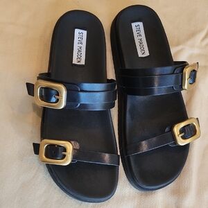 Steve Madden Black Sandals with Gold Buckles